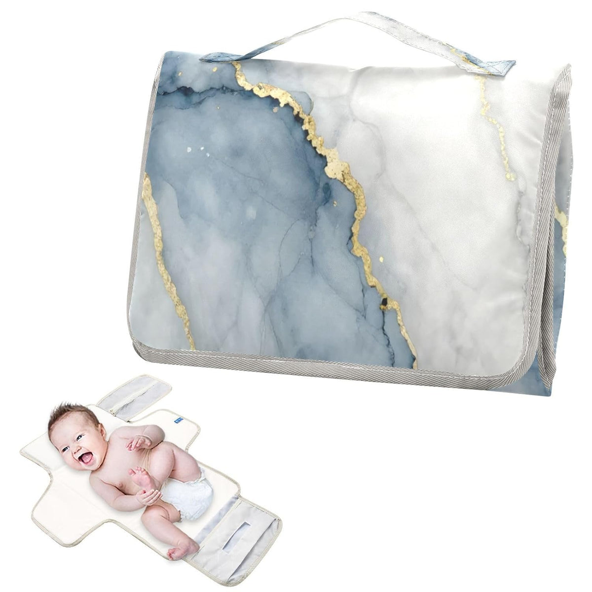 Marble Gray Blue Portable Diaper Changing Pad, Waterproof Baby Changing Mat with Storage Pocket & Built-in Pillow, Foldable Travel Pad, Newborn Gift Set for Boy Girl