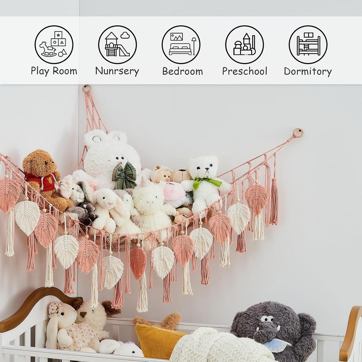 Stuffed Animal Storage Hammock with Leaf and Tassels