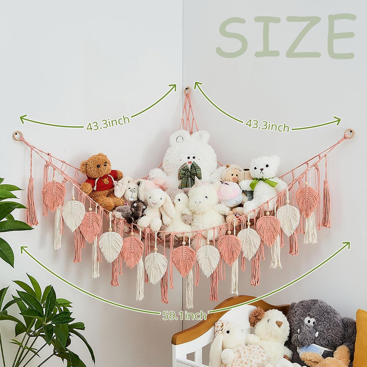 Stuffed Animal Storage Hammock with Leaf and Tassels