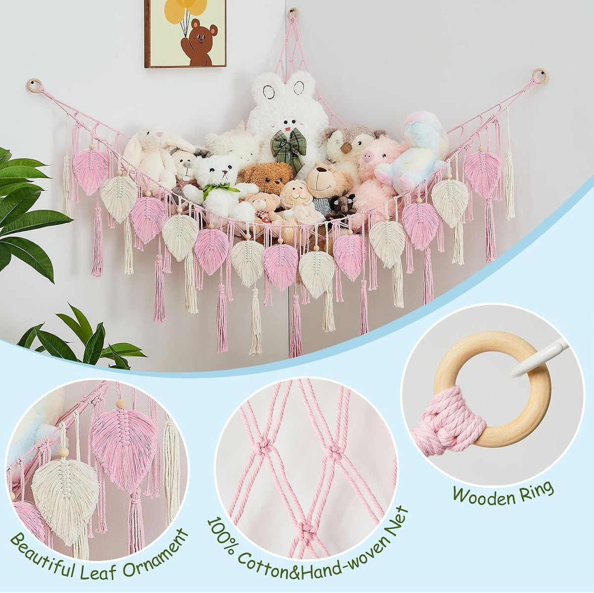 Stuffed Animal Storage Hammock with Leaf and Tassels