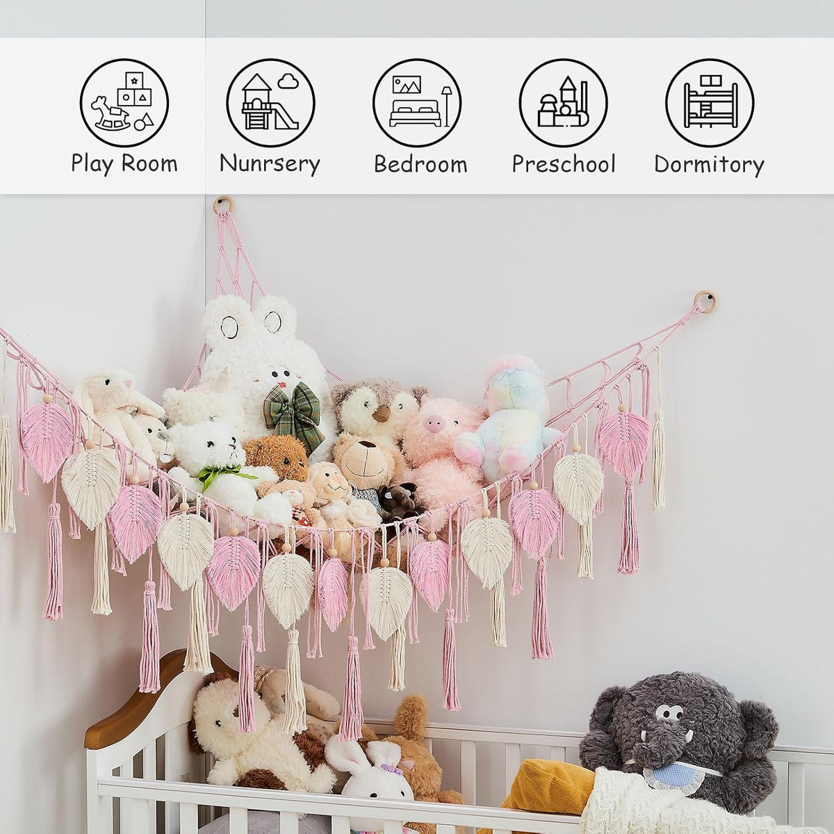 Stuffed Animal Storage Hammock with Leaf and Tassels