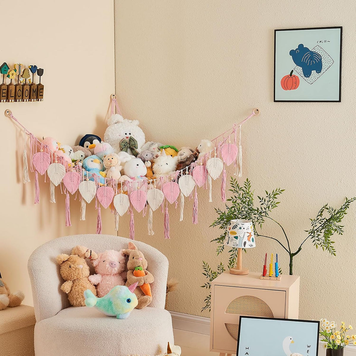 Stuffed Animal Storage Hammock with Leaf and Tassels