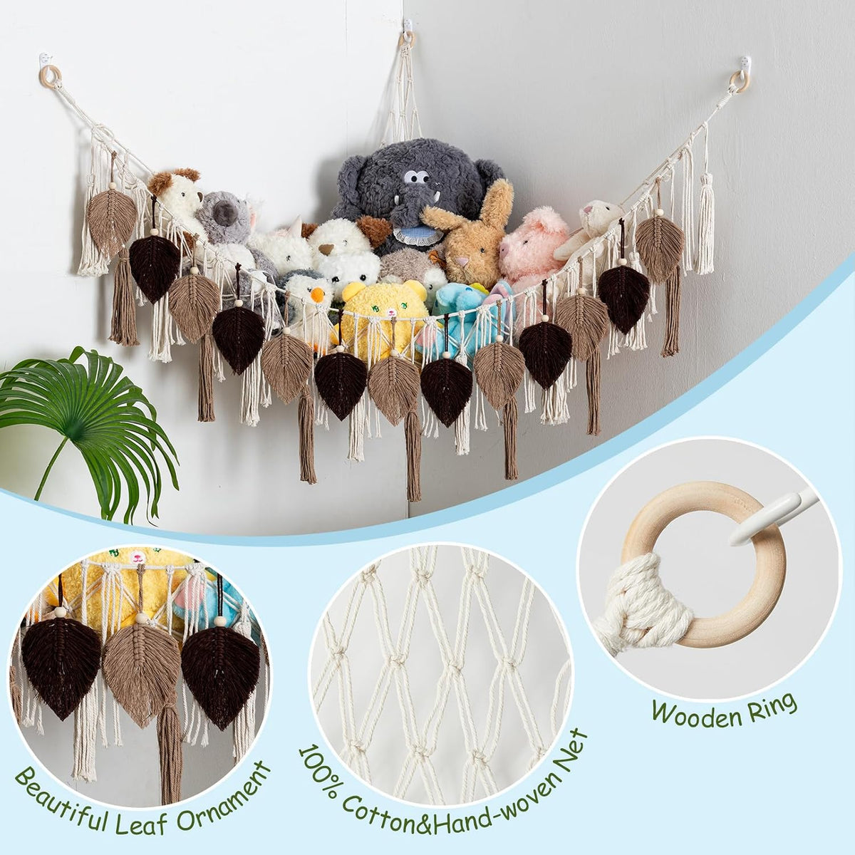 Stuffed Animal Storage Hammock with Leaf and Tassels