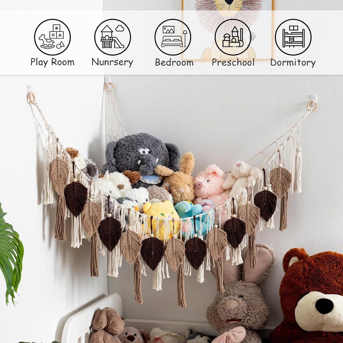 Stuffed Animal Storage Hammock with Leaf and Tassels