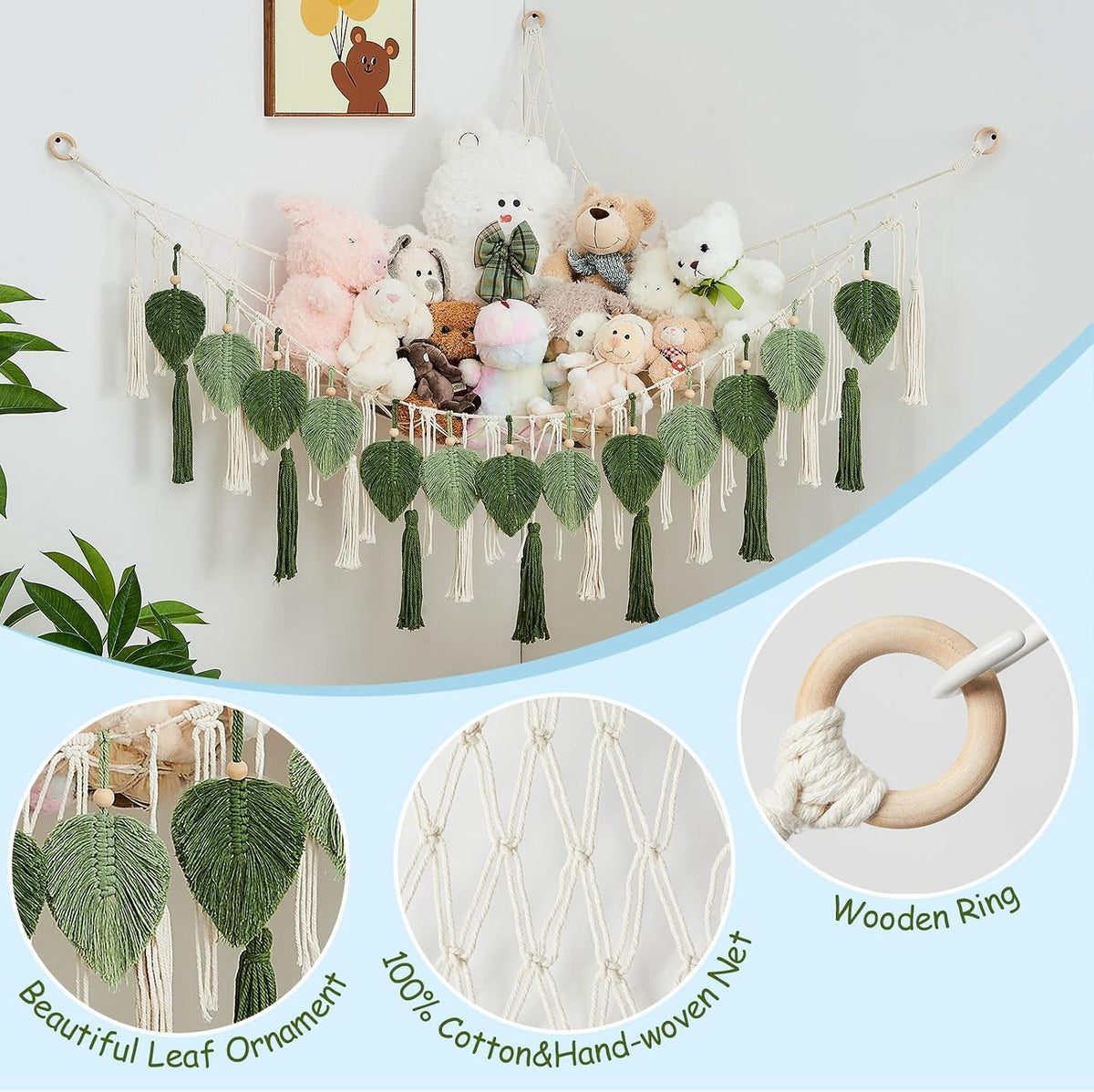 Stuffed Animal Storage Hammock with Leaf and Tassels
