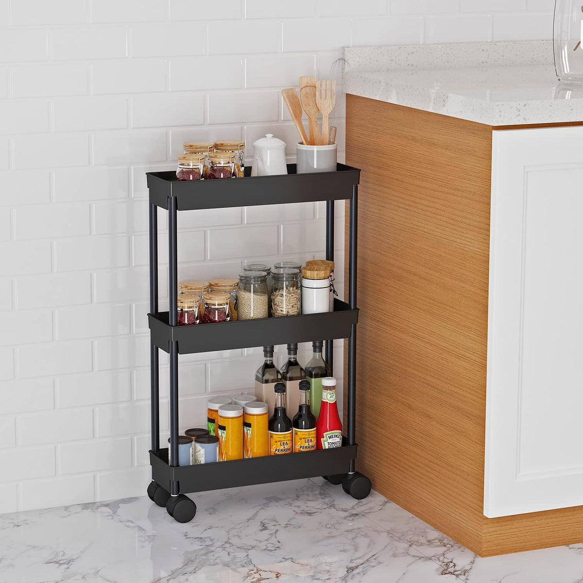Clear 3-Tier Plastic Rolling Utility Cart with Wheels