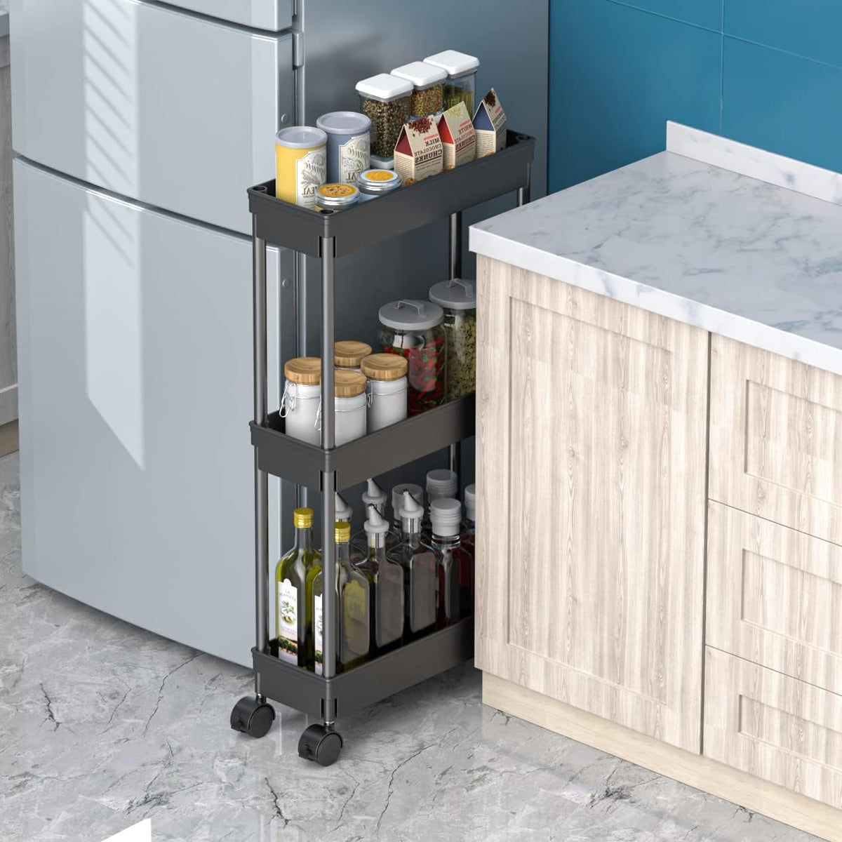 Clear 3-Tier Plastic Rolling Utility Cart with Wheels