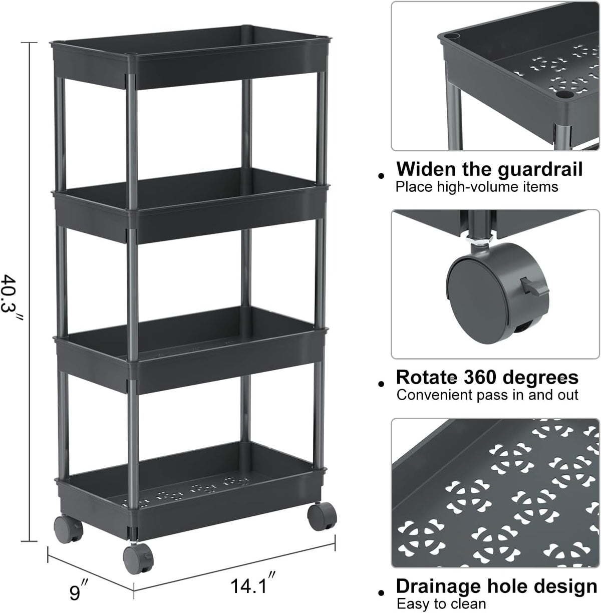 Clear 3-Tier Plastic Rolling Utility Cart with Wheels