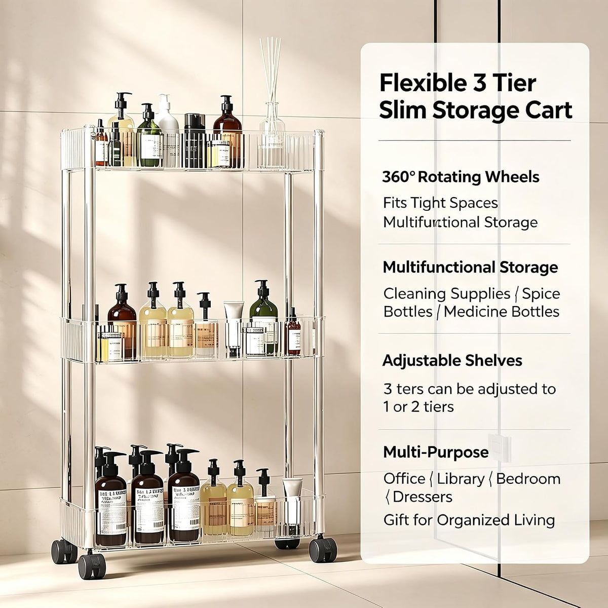 Clear 3-Tier Plastic Rolling Utility Cart with Wheels