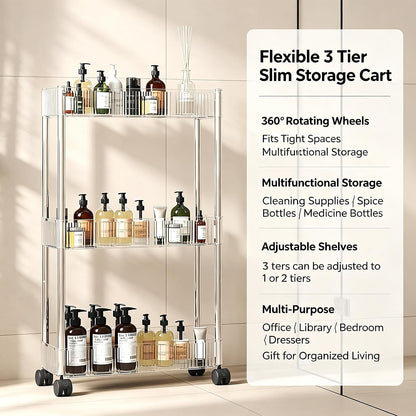 Clear 3-Tier Plastic Rolling Utility Cart with Wheels