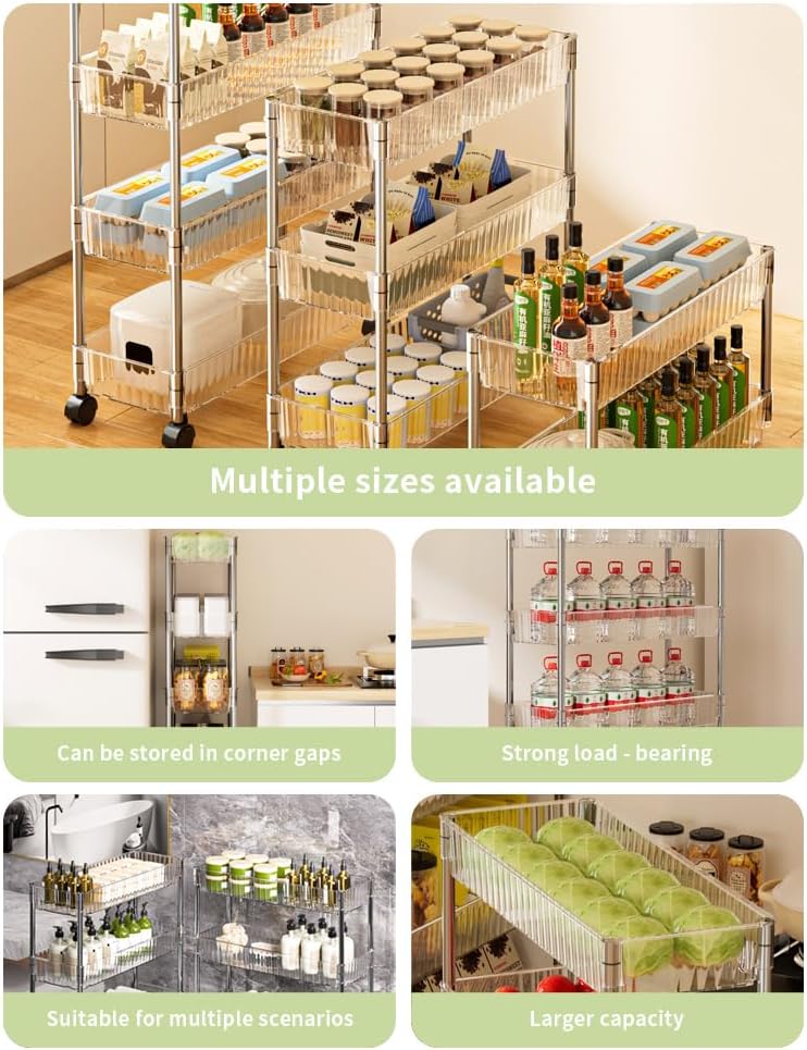 Clear 3-Tier Plastic Rolling Utility Cart with Wheels
