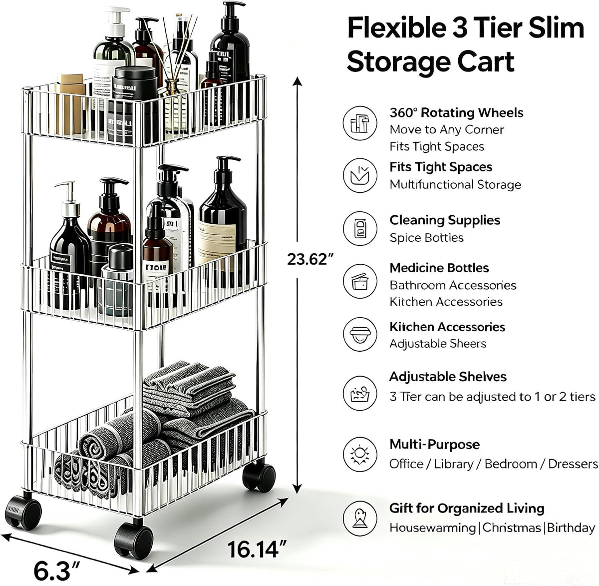 Clear 3-Tier Plastic Rolling Utility Cart with Wheels