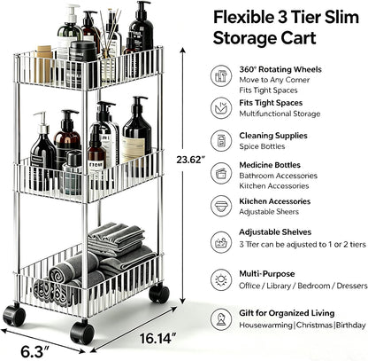 Clear 3-Tier Plastic Rolling Utility Cart with Wheels