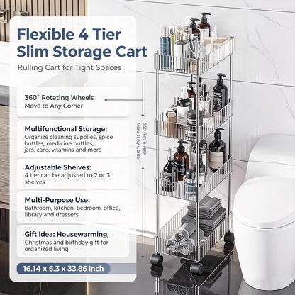 Clear 3-Tier Plastic Rolling Utility Cart with Wheels