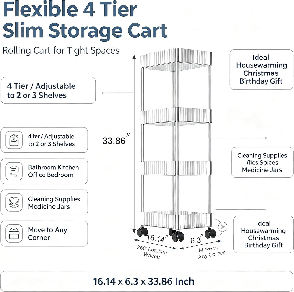 Clear 3-Tier Plastic Rolling Utility Cart with Wheels