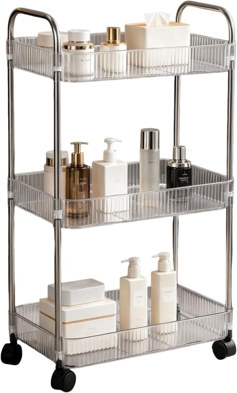 Clear 3-Tier Plastic Rolling Utility Cart with Wheels