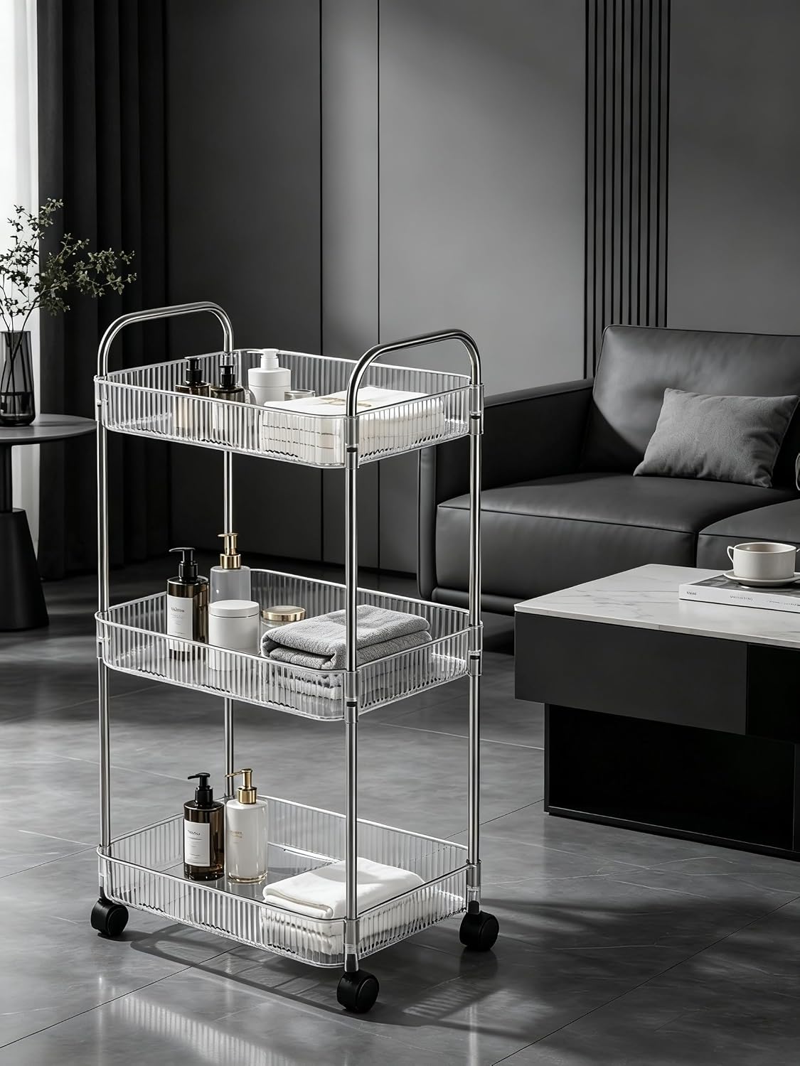 Clear 3-Tier Plastic Rolling Utility Cart with Wheels