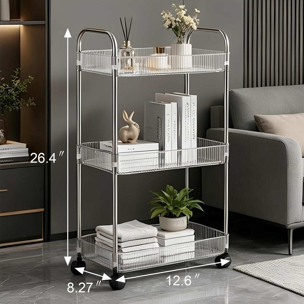 Clear 3-Tier Plastic Rolling Utility Cart with Wheels