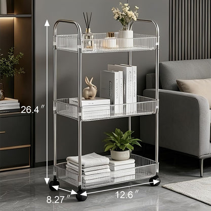 Clear 3-Tier Plastic Rolling Utility Cart with Wheels
