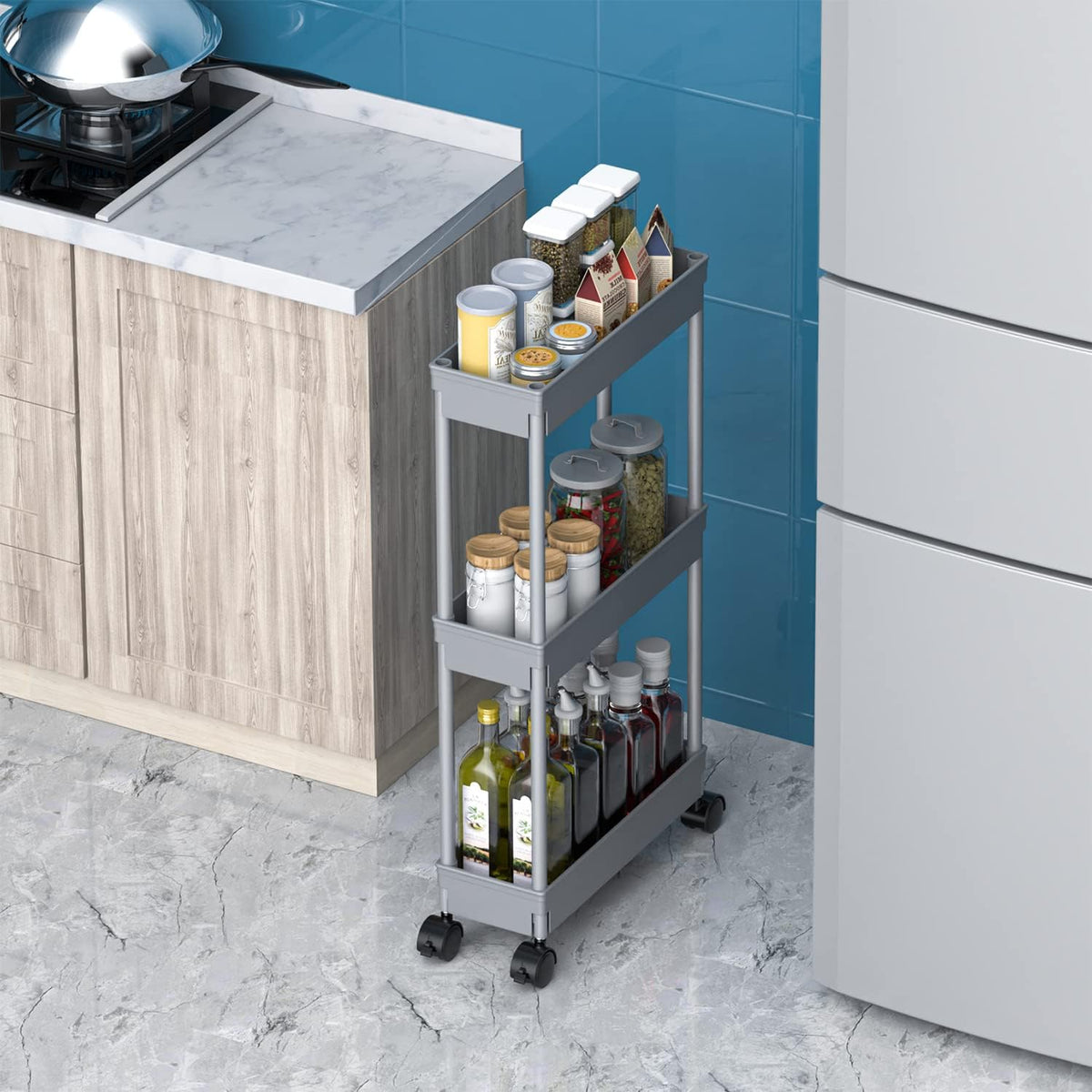 Clear 3-Tier Plastic Rolling Utility Cart with Wheels