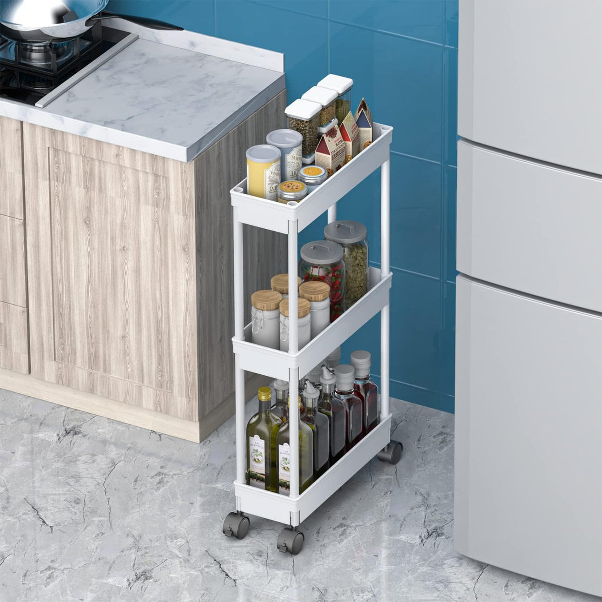 Clear 3-Tier Plastic Rolling Utility Cart with Wheels