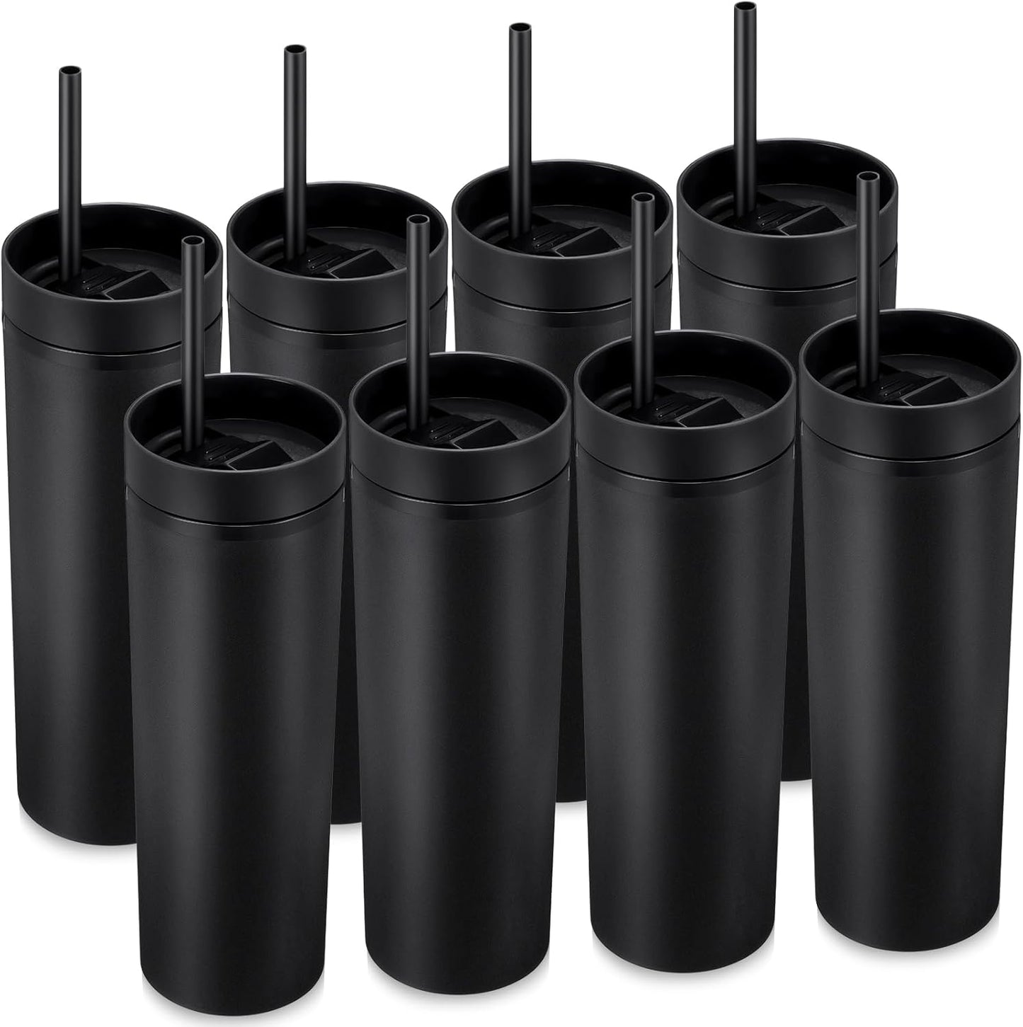 8 Pcs Skinny Tumbler with Lid and Straw, 16 oz Matte Acrylic Tumbler Insulated Double Wall Plastic Reusable Cups Vinyl Customized DIY Gifts for Parties, Birthday, Home, Office (Black)