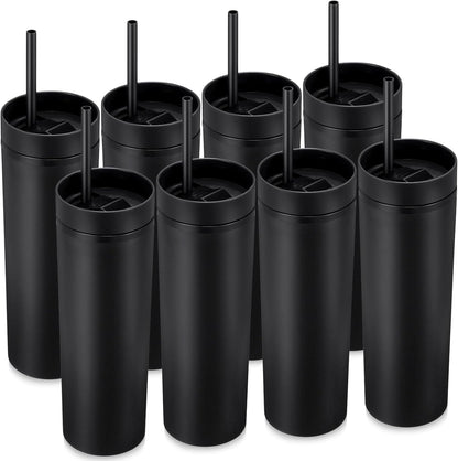 8 Pcs Skinny Tumbler with Lid and Straw, 16 oz Matte Acrylic Tumbler Insulated Double Wall Plastic Reusable Cups Vinyl Customized DIY Gifts for Parties, Birthday, Home, Office (Black)