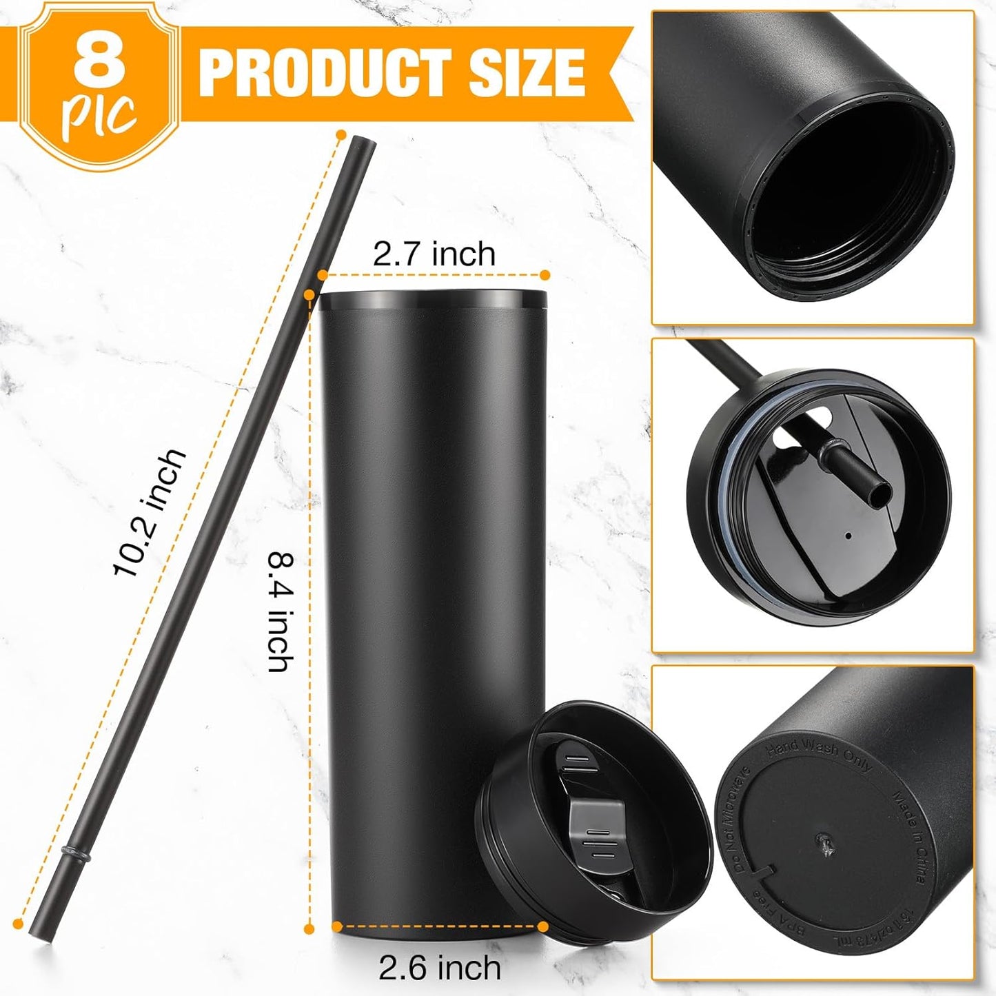 8 Pcs Skinny Tumbler with Lid and Straw, 16 oz Matte Acrylic Tumbler Insulated Double Wall Plastic Reusable Cups Vinyl Customized DIY Gifts for Parties, Birthday, Home, Office (Black)