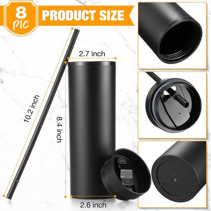 8 Pcs Skinny Tumbler with Lid and Straw, 16 oz Matte Acrylic Tumbler Insulated Double Wall Plastic Reusable Cups Vinyl Customized DIY Gifts for Parties, Birthday, Home, Office (Black)