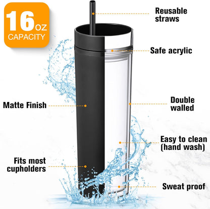 8 Pcs Skinny Tumbler with Lid and Straw, 16 oz Matte Acrylic Tumbler Insulated Double Wall Plastic Reusable Cups Vinyl Customized DIY Gifts for Parties, Birthday, Home, Office (Black)