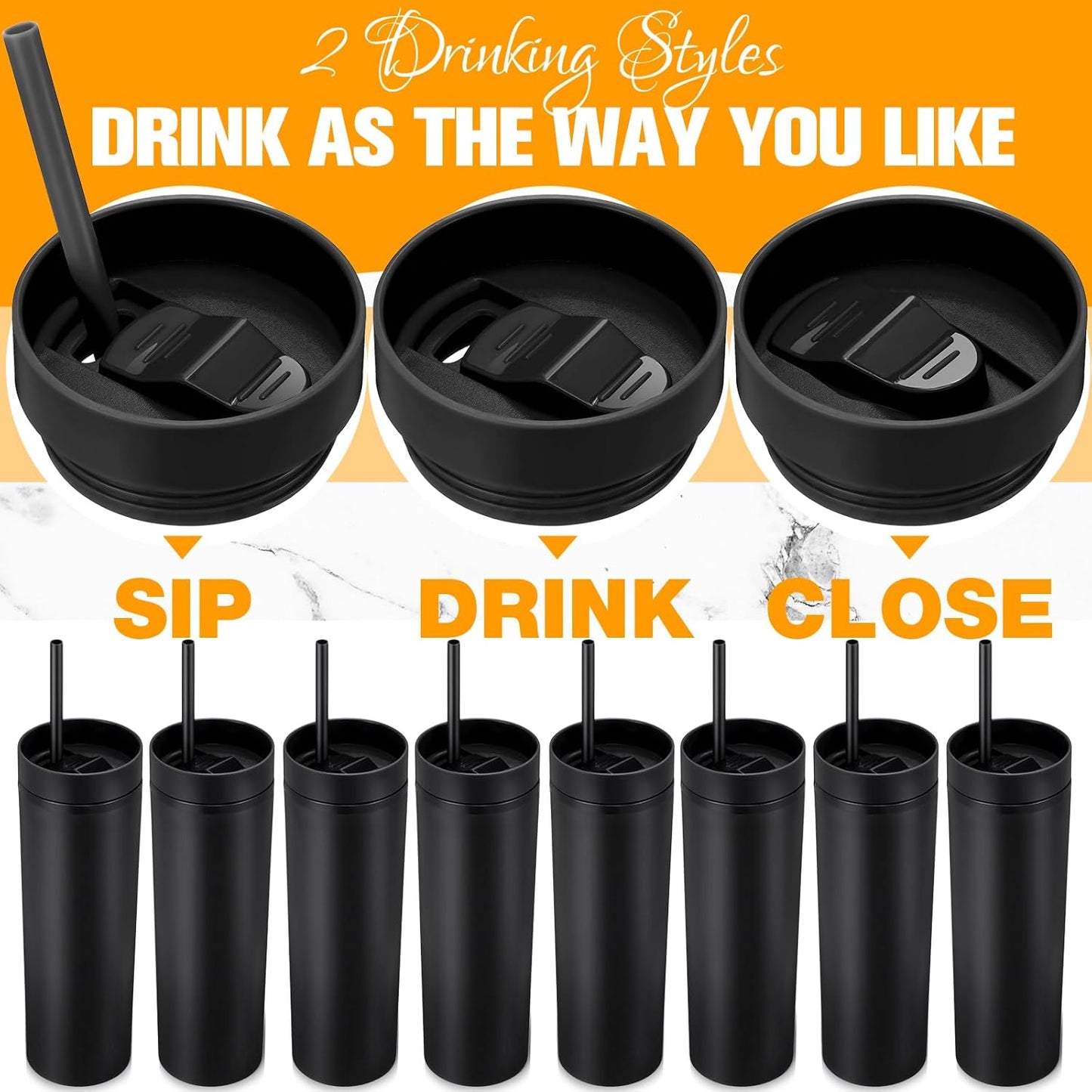 8 Pcs Skinny Tumbler with Lid and Straw, 16 oz Matte Acrylic Tumbler Insulated Double Wall Plastic Reusable Cups Vinyl Customized DIY Gifts for Parties, Birthday, Home, Office (Black)