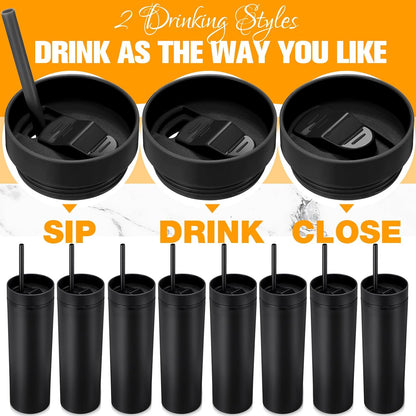 8 Pcs Skinny Tumbler with Lid and Straw, 16 oz Matte Acrylic Tumbler Insulated Double Wall Plastic Reusable Cups Vinyl Customized DIY Gifts for Parties, Birthday, Home, Office (Black)