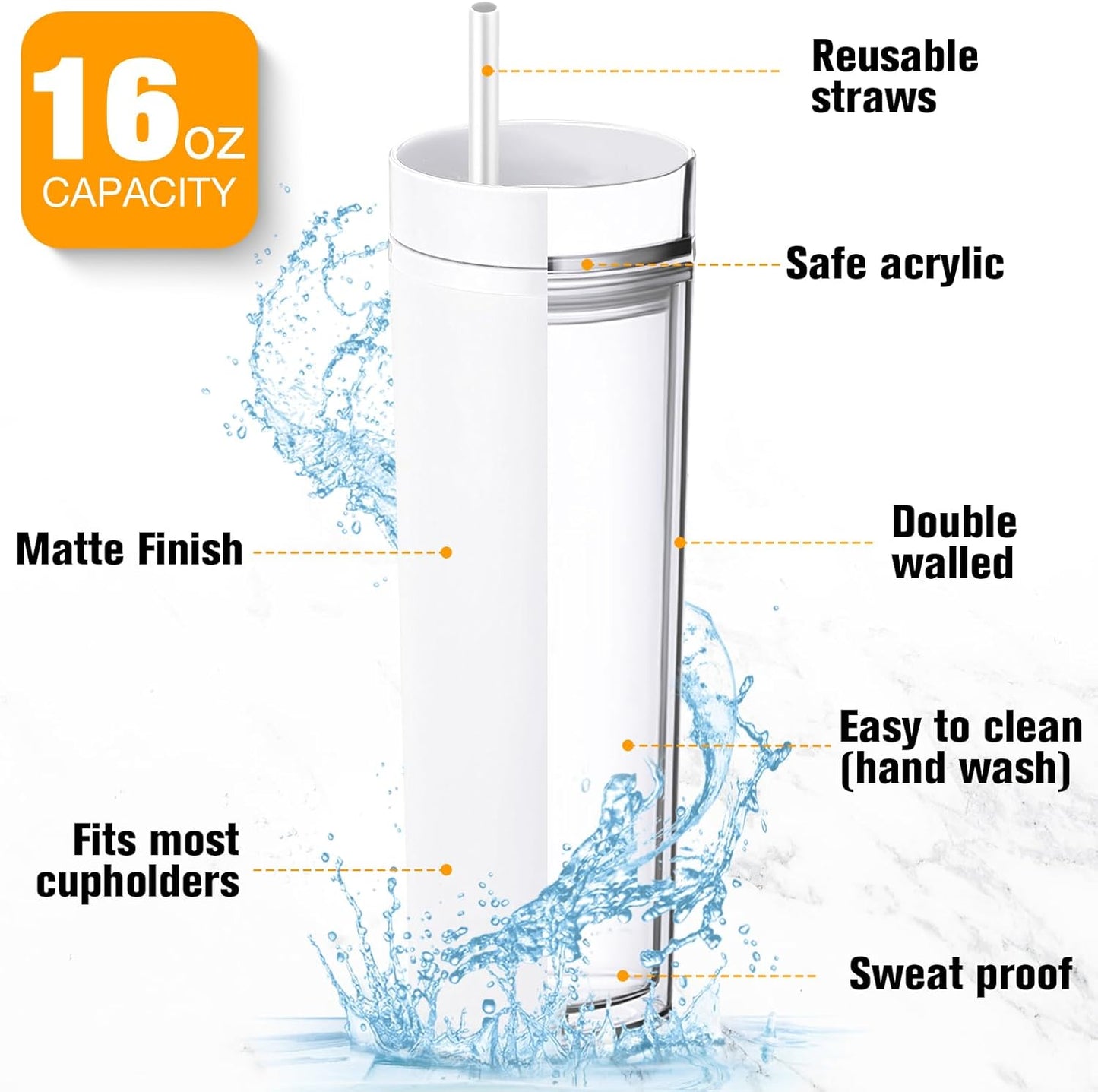 8 Pcs Skinny Tumbler with Lid and Straw, 16 oz Matte Acrylic Tumbler Insulated Double Wall Plastic Reusable Cups Vinyl Customized DIY Gifts for Parties, Birthday, Home, Office (Black)