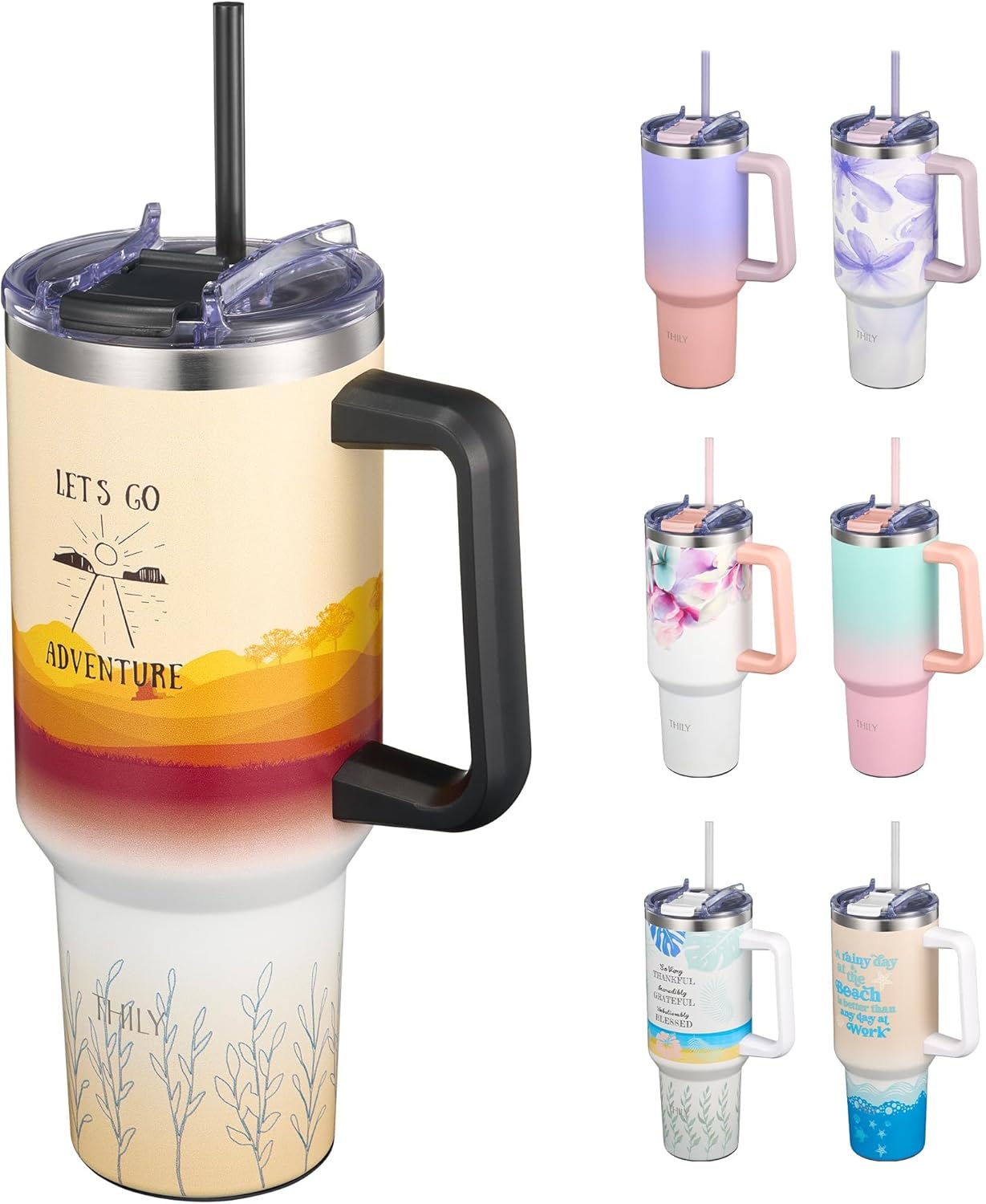 40 oz Stainless Steel Tumbler with Handle - Vacuum Insulated Travel Cup, Splash-Proof & Leakproof Lid, 2 Straws & Brush | Keeps Cold 34H/Hot 12H, Cupholder Friendly, Coastal Breeze