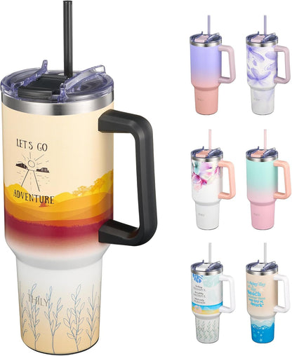 40 oz Stainless Steel Tumbler with Handle - Vacuum Insulated Travel Cup, Splash-Proof & Leakproof Lid, 2 Straws & Brush | Keeps Cold 34H/Hot 12H, Cupholder Friendly, Coastal Breeze