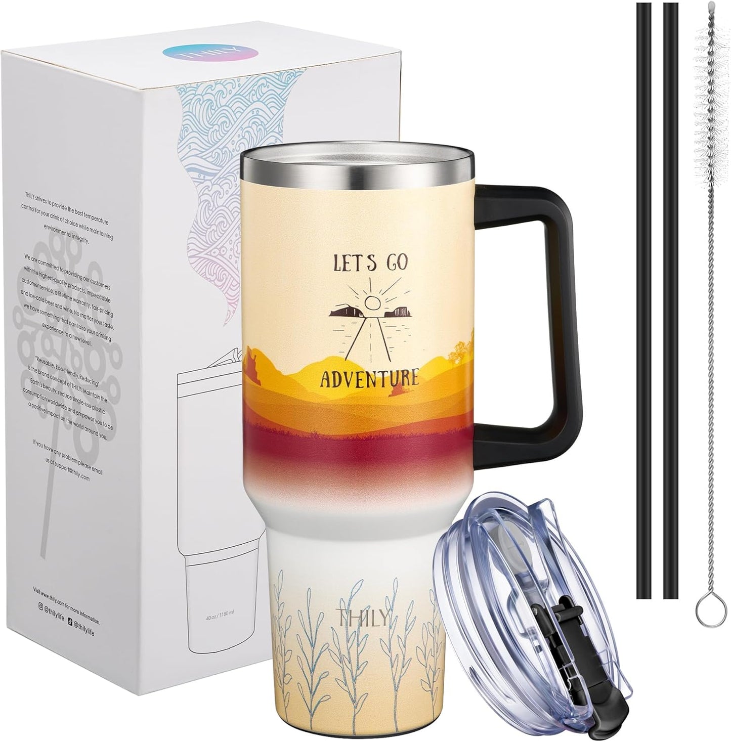 40 oz Stainless Steel Tumbler with Handle - Vacuum Insulated Travel Cup, Splash-Proof & Leakproof Lid, 2 Straws & Brush | Keeps Cold 34H/Hot 12H, Cupholder Friendly, Coastal Breeze