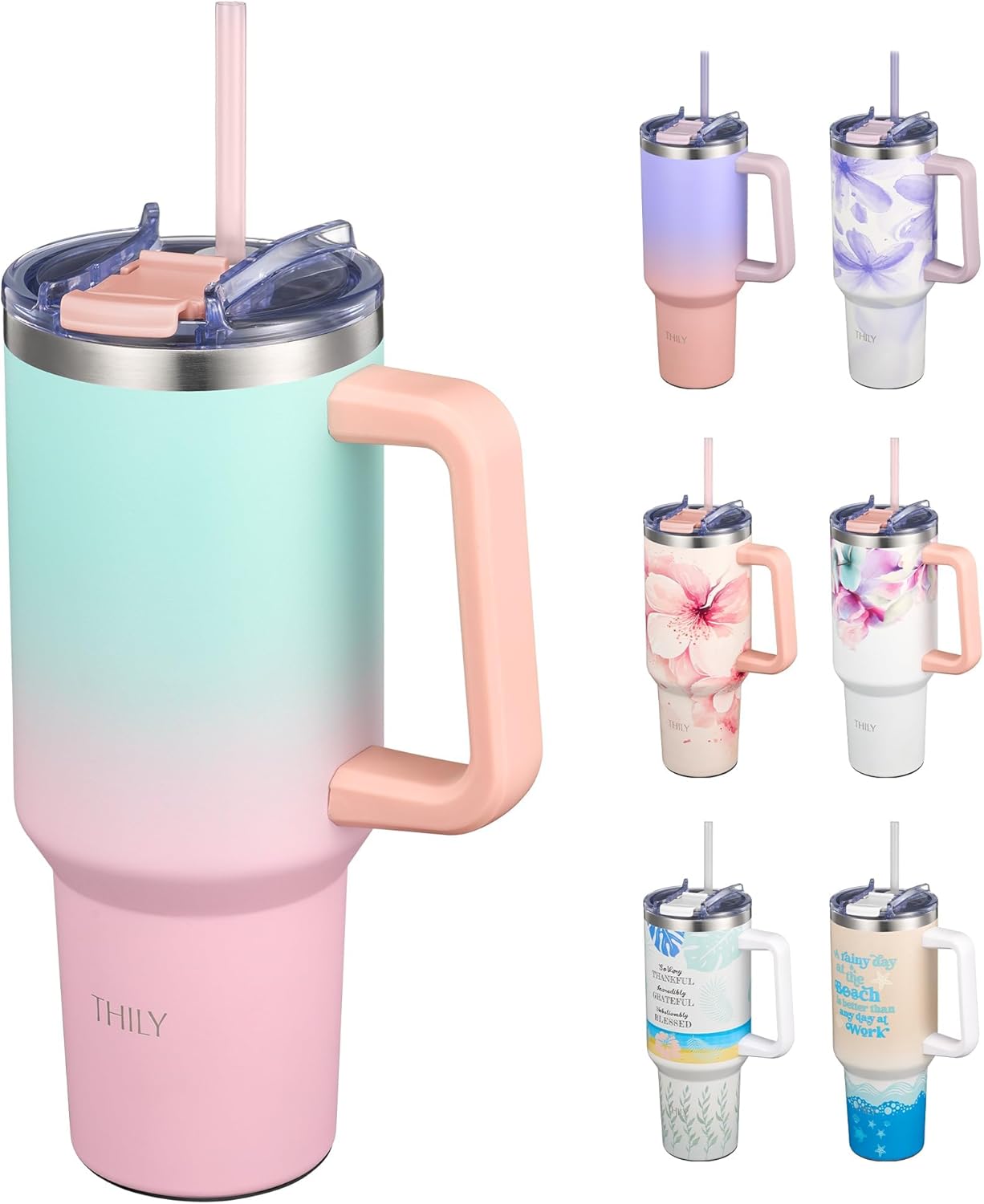 40 oz Stainless Steel Tumbler with Handle - Vacuum Insulated Travel Cup, Splash-Proof & Leakproof Lid, 2 Straws & Brush | Keeps Cold 34H/Hot 12H, Cupholder Friendly, Coastal Breeze