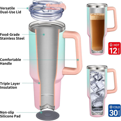 40 oz Stainless Steel Tumbler with Handle - Vacuum Insulated Travel Cup, Splash-Proof & Leakproof Lid, 2 Straws & Brush | Keeps Cold 34H/Hot 12H, Cupholder Friendly, Coastal Breeze