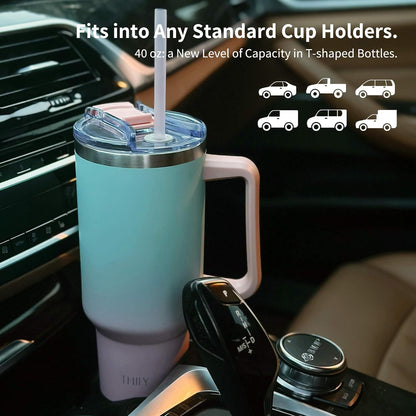 40 oz Stainless Steel Tumbler with Handle - Vacuum Insulated Travel Cup, Splash-Proof & Leakproof Lid, 2 Straws & Brush | Keeps Cold 34H/Hot 12H, Cupholder Friendly, Coastal Breeze