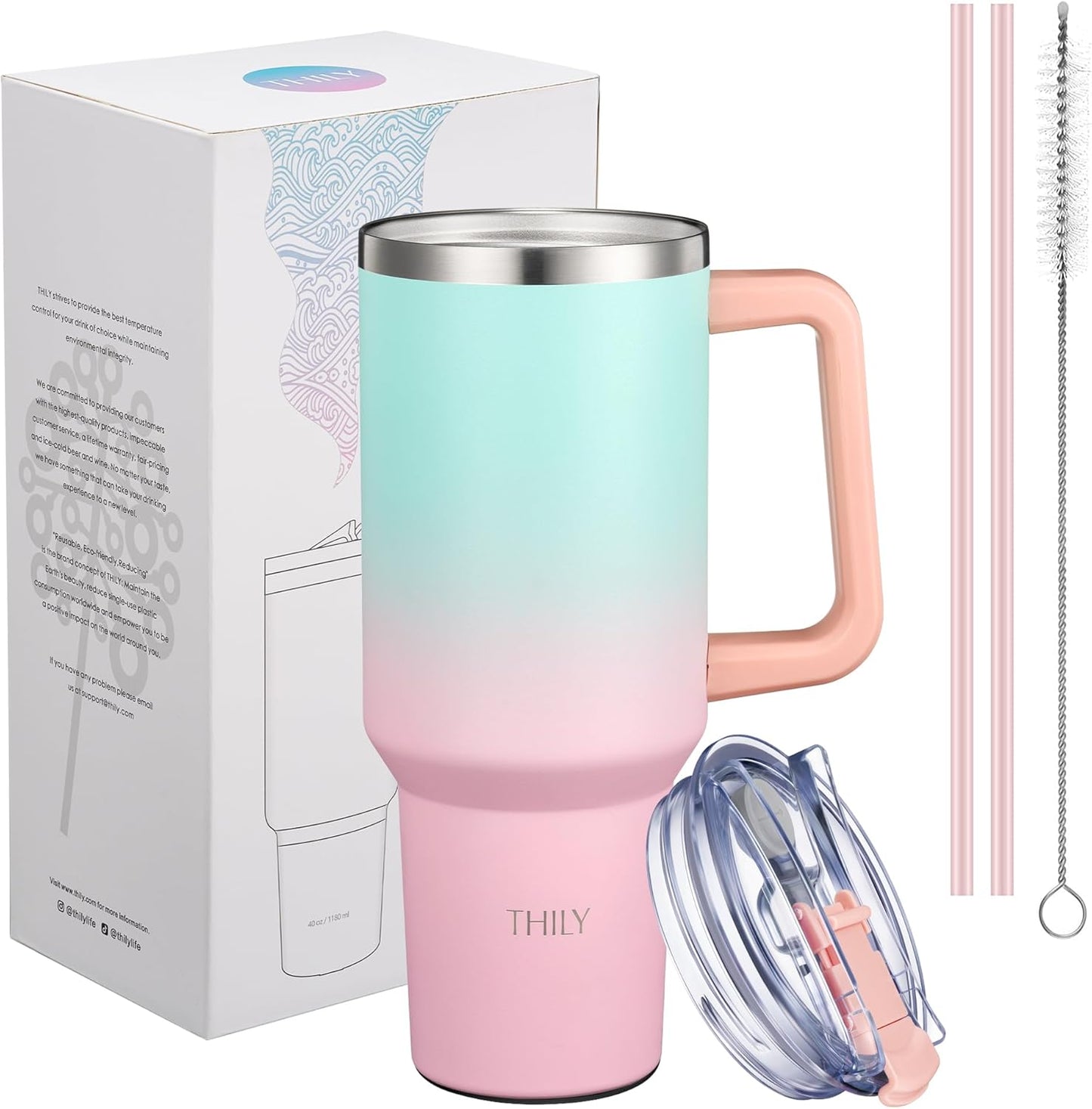 40 oz Stainless Steel Tumbler with Handle - Vacuum Insulated Travel Cup, Splash-Proof & Leakproof Lid, 2 Straws & Brush | Keeps Cold 34H/Hot 12H, Cupholder Friendly, Coastal Breeze