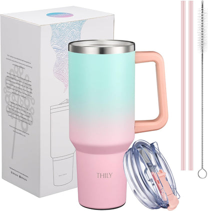 40 oz Stainless Steel Tumbler with Handle - Vacuum Insulated Travel Cup, Splash-Proof & Leakproof Lid, 2 Straws & Brush | Keeps Cold 34H/Hot 12H, Cupholder Friendly, Coastal Breeze