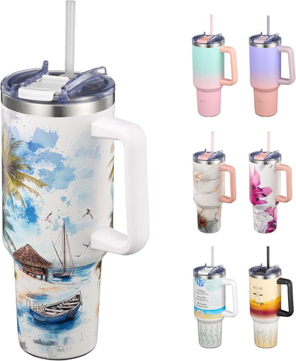 40 oz Stainless Steel Tumbler with Handle - Vacuum Insulated Travel Cup, Splash-Proof & Leakproof Lid, 2 Straws & Brush | Keeps Cold 34H/Hot 12H, Cupholder Friendly, Coastal Breeze
