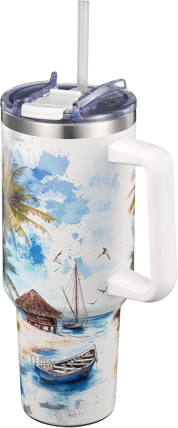 40 oz Stainless Steel Tumbler with Handle - Vacuum Insulated Travel Cup, Splash-Proof & Leakproof Lid, 2 Straws & Brush | Keeps Cold 34H/Hot 12H, Cupholder Friendly, Coastal Breeze