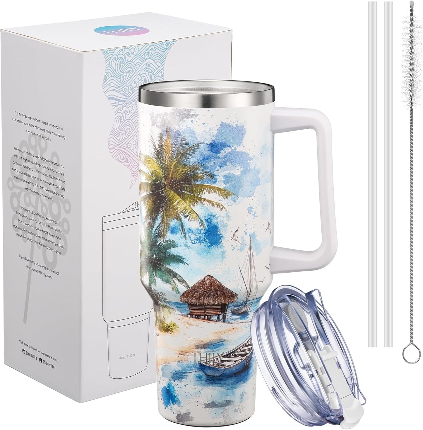 40 oz Stainless Steel Tumbler with Handle - Vacuum Insulated Travel Cup, Splash-Proof & Leakproof Lid, 2 Straws & Brush | Keeps Cold 34H/Hot 12H, Cupholder Friendly, Coastal Breeze