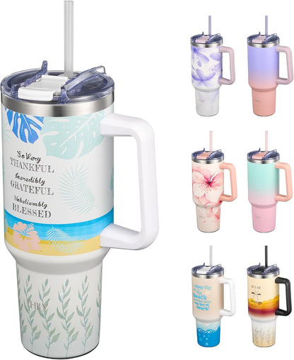 40 oz Stainless Steel Tumbler with Handle - Vacuum Insulated Travel Cup, Splash-Proof & Leakproof Lid, 2 Straws & Brush | Keeps Cold 34H/Hot 12H, Cupholder Friendly, Coastal Breeze