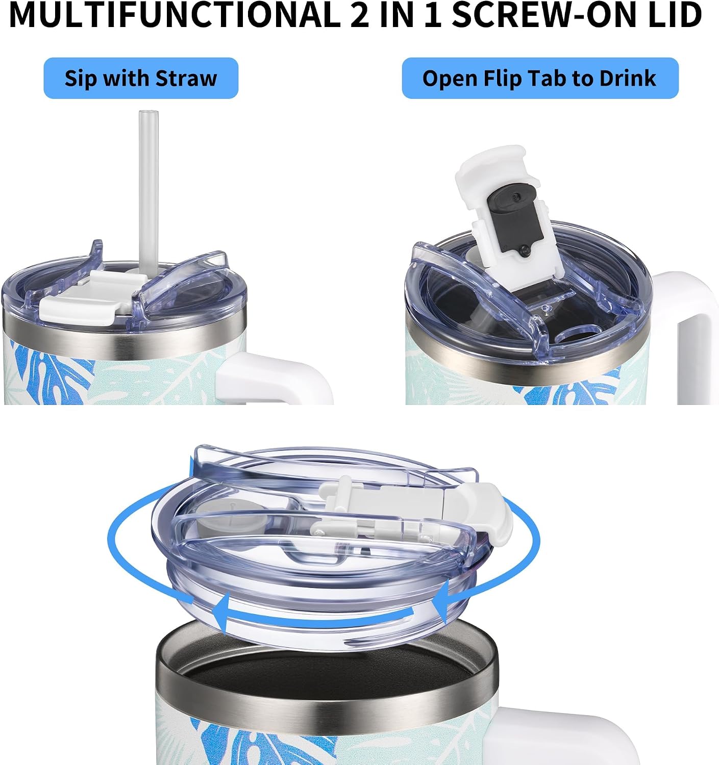 40 oz Stainless Steel Tumbler with Handle - Vacuum Insulated Travel Cup, Splash-Proof & Leakproof Lid, 2 Straws & Brush | Keeps Cold 34H/Hot 12H, Cupholder Friendly, Coastal Breeze