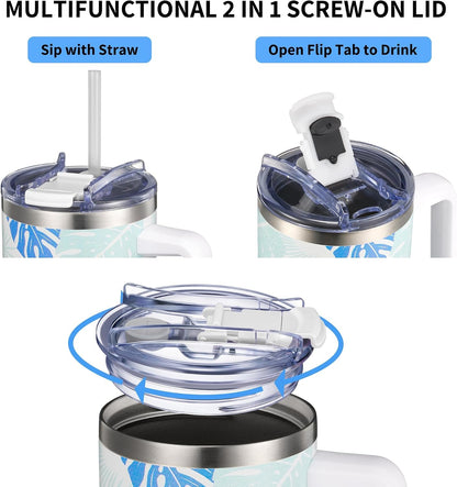 40 oz Stainless Steel Tumbler with Handle - Vacuum Insulated Travel Cup, Splash-Proof & Leakproof Lid, 2 Straws & Brush | Keeps Cold 34H/Hot 12H, Cupholder Friendly, Coastal Breeze