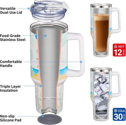 40 oz Stainless Steel Tumbler with Handle - Vacuum Insulated Travel Cup, Splash-Proof & Leakproof Lid, 2 Straws & Brush | Keeps Cold 34H/Hot 12H, Cupholder Friendly, Coastal Breeze
