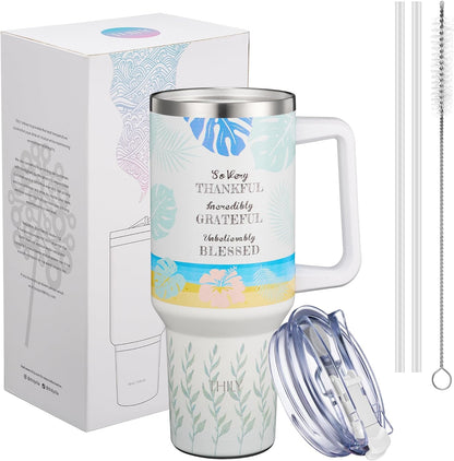 40 oz Stainless Steel Tumbler with Handle - Vacuum Insulated Travel Cup, Splash-Proof & Leakproof Lid, 2 Straws & Brush | Keeps Cold 34H/Hot 12H, Cupholder Friendly, Coastal Breeze