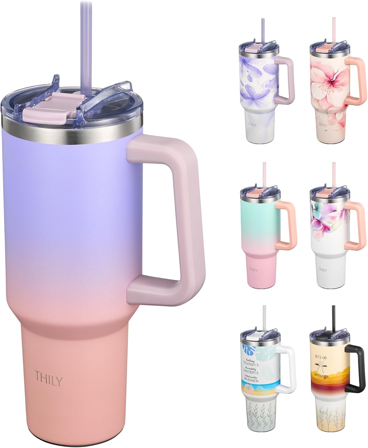 40 oz Stainless Steel Tumbler with Handle - Vacuum Insulated Travel Cup, Splash-Proof & Leakproof Lid, 2 Straws & Brush | Keeps Cold 34H/Hot 12H, Cupholder Friendly, Coastal Breeze
